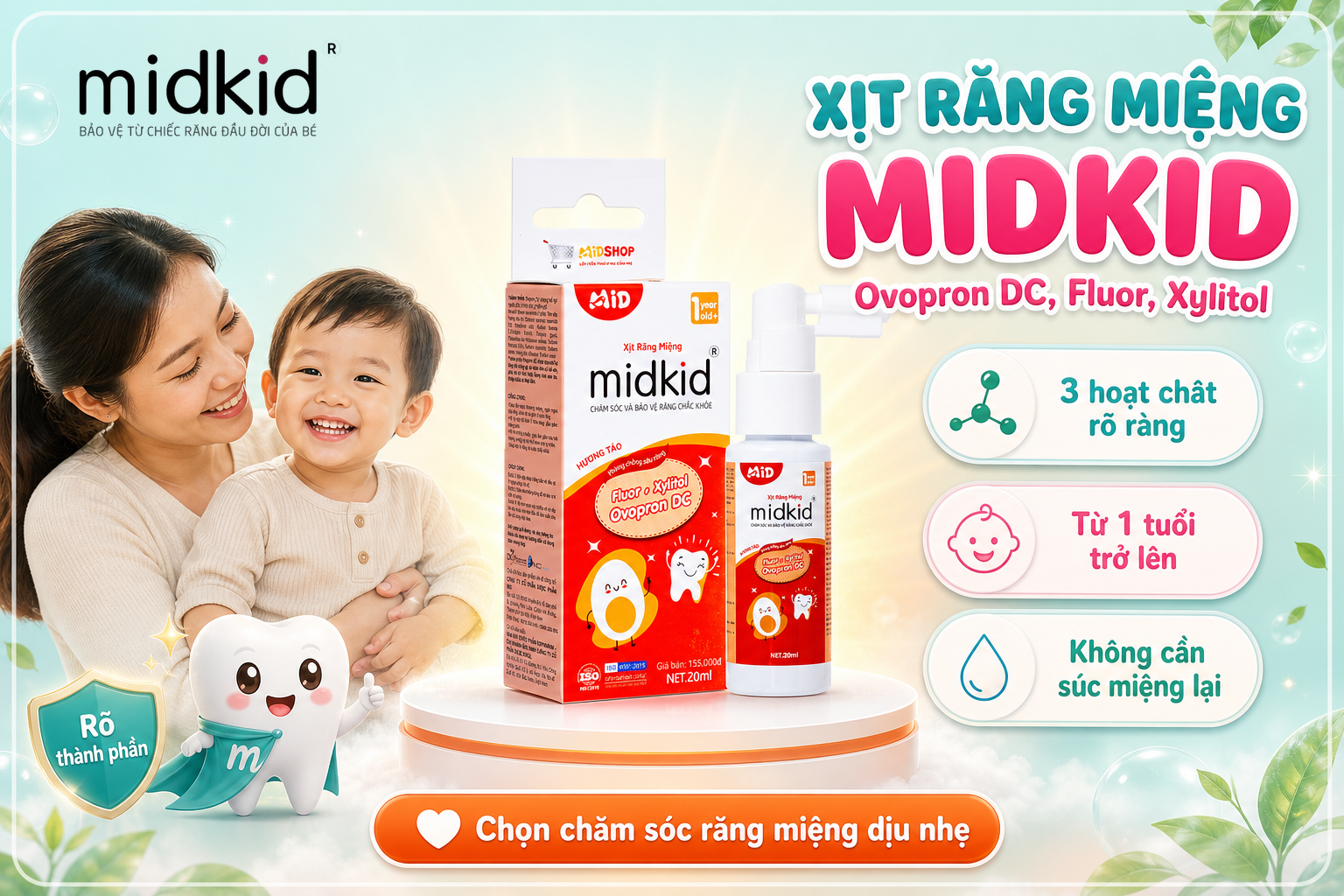 Xịt Răng Miệng Midkid vị Táo, hộp và chai sản phẩm thật