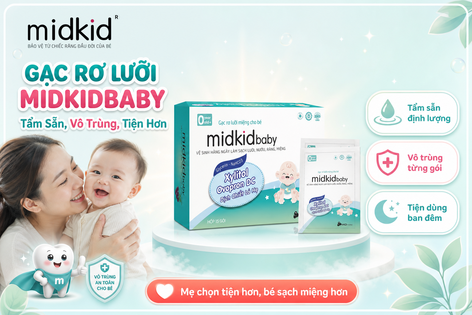 Gạc rơ lưỡi Midkidbaby tẩm sẵn, vô trùng, tiện hơn nước muối sinh lý